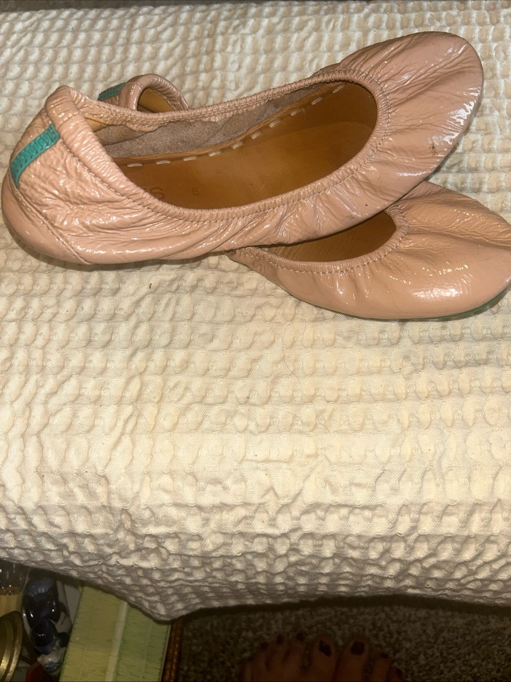 Teaks Patent Ballet Flats in Nude Pink with Teal Heel Tab